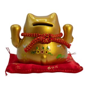 Ceramic Money Cat Bank - Gold on Cushion