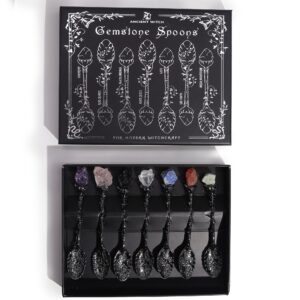 Set of 7 Dark Silver Gemstone Crystal Witch Spoons
