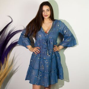 Nomad Sari On the Med Sea Blue & Gold Fish Print Dress (M/L)