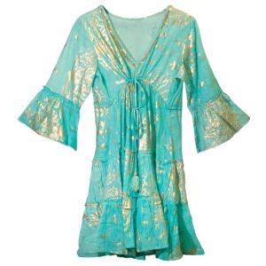 Nomad Sari On the Med Turquoise & Gold Coral Print Dress (M/L)
